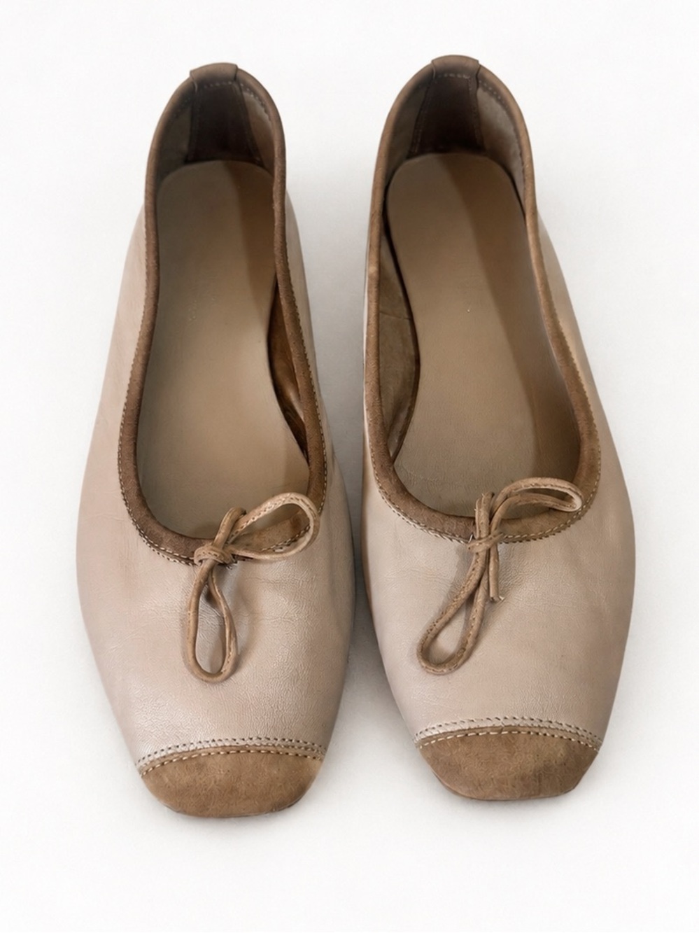 REQINS Harmony Leather Ballet Flats Beige Bow Cap Toe EU 40 US 10 Women’s